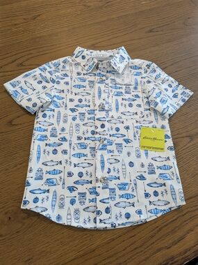 Eddie Bauer White Adventure Button-Down with Blue Outdoor Print, Sz. 4T